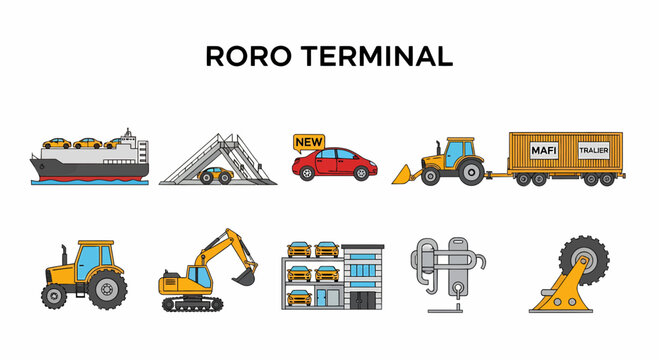Icons depicting equipment and vehicles used in a RoRo RollonRolloff cargo terminal