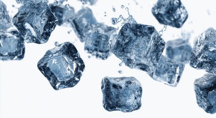 Obraz premium Crisp Blue Ice Cubes Splashing Water Against White Background Dynamic Motion Abstract Refreshment