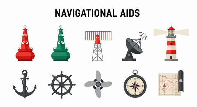 Illustration of various maritime navigational aids and related equipment icons