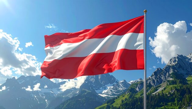 A vibrant flag with horizontal red, white, and red stripes waves in the wind against a backdrop of snow-capped mountains under a clear blue sky