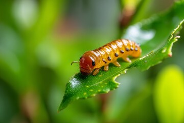 Caterpillar Crawling on Leaf Surrounded by Lush Greenery in Nature