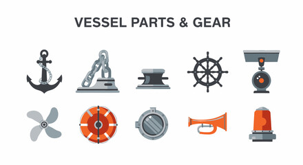 Ten nautical equipment icons arranged in two rows under a Vessel Parts  Gear title © Faisal