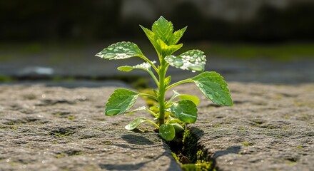 Young plant emerging from stone crack sunlight illuminates green leaves