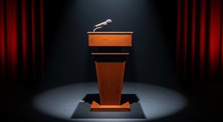 Wooden podium and microphone illuminated against a dark background