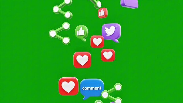 Social Media Interaction Icons Floating on Green Background from Top View