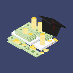 Investment in education and financial success concept with money and graduation cap