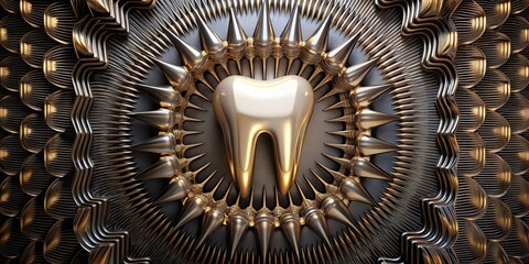 A single gleaming tooth, centered within a majestic metallic framework of intricate, ornate design elements