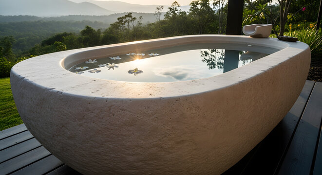 Serene outdoor stone soaking tub with floating flowers and mountain vista at sunset