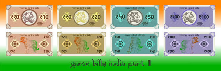 Vector set of game banknotes in denominations of 10, 20, 50 and 100 rupees of Republic of India. Collection of obverse and reverse bills. Wild tiger. Indian gaming money. Part 1