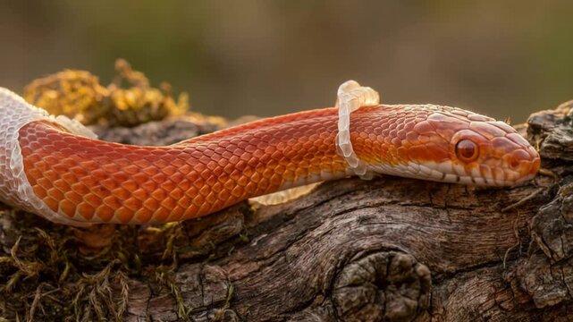 Corn snake skin shed while crawling on mossy branch. 4K Video