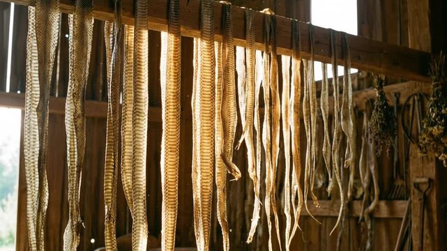 Hanging dried snake skins in an old barn bathed in sunlight