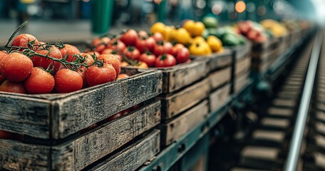 Detailed View of Cargo Train Carrying Fresh Farm Produce in Wooden Crates