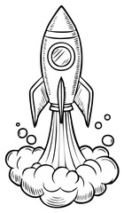 Black and white hand drawn illustration of a rocket ship blasting off into the sky.