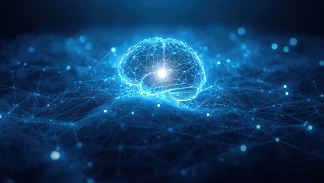 Digital neural network brain glowing with connected nodes and blue light