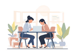 Fototapeta premium Two women collaborating at a desk with laptops, discussing work in a modern office setting