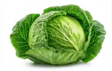 Fototapeta premium Fresh Green Cabbage Close Up Studio Shot Isolated White Background Healthy Food