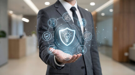 Patent and Copyright Protection Concept with Digital Shield and Legal Icons