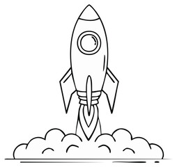 Classic rocket ship launching with smoke and flames simple line art illustration