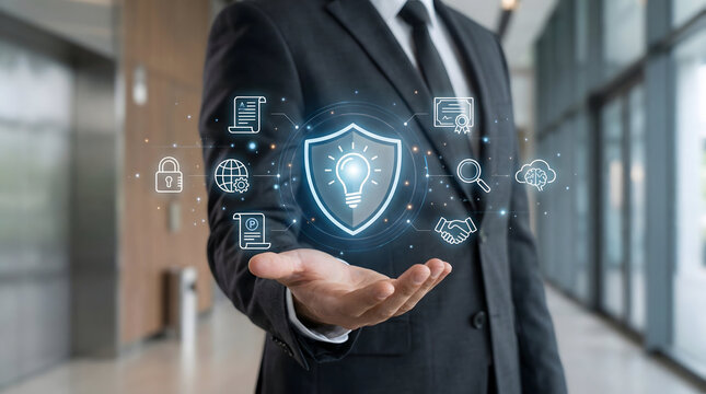 Innovation Security Concept with Lightbulb Shield and Business Icons