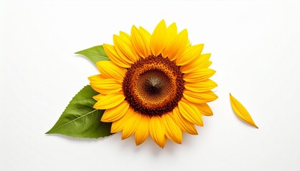 Obraz premium Single sunflower with bright yellow petals and dark brown central disk, accompanied by three green leaves, plain white background.