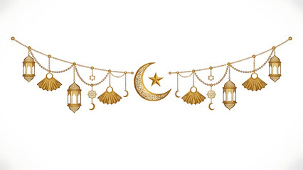 Golden Ramadan Kareem garland with crescent moon and lanterns isolated on transparent background