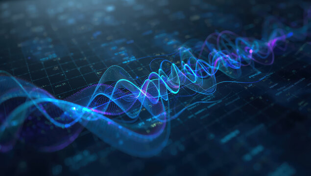 Blue and purple data waveform visualization with glowing grid and flowing mesh