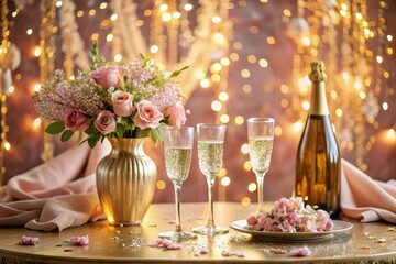Romantic Festive Celebration with Sparkling Wine and Delicate Pink Roses