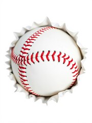 Close up of white baseball with red seams bursting through white background ,  sports,  baseball