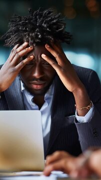 A stressed individual in a business setting experiences frustration while working on a laptop, showcasing the challenges of modern work life and mental pressure.
