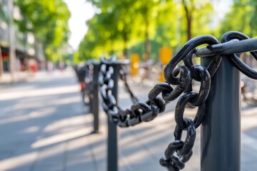 Naklejka premium Chain Link Detail on Bicycle Rack in a Tree-Lined Urban Park Setting