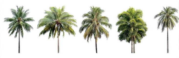 Fototapeta premium Group Of Five Tropical Palm Trees With Green Foliage On White Background Isolated