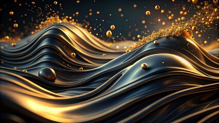Abstract Dark Gold and Black Liquid Waves with Floating Spheres