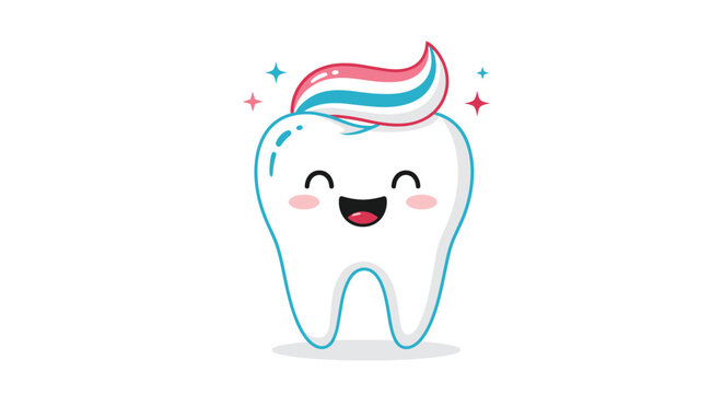 Adorable cartoon character of a white tooth with a happy face and a colorful swirl of toothpaste on top, shining brightly.