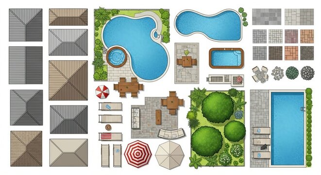 Landscape Architectural Top View Set with Swimming Pool and Roof Plans for House Exterior Design
