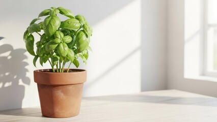 Fototapeta premium Basil plant in terracotta pot with sunlight indoors