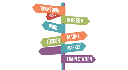 Colorful directional signs pointing to city attractions and transport