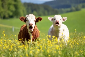 Fototapeta premium Playful Calves Giggling in a Sunshine Meadow Surrounded by Wildflowers