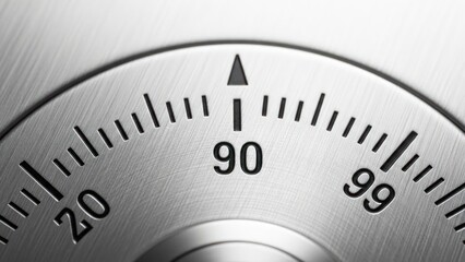 Close up of a combination lock dial showing numbers and indicator