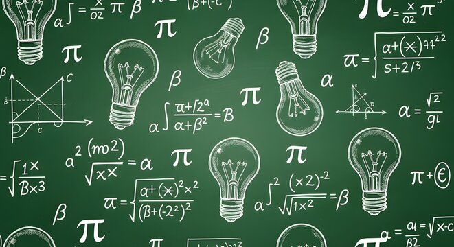 A seamless pattern resembling a green chalkboard surface. The elements include scribbled mathematical formulas, pi symbols, and sketched lightbulbs drawn in white chalk texture. International Ideas 