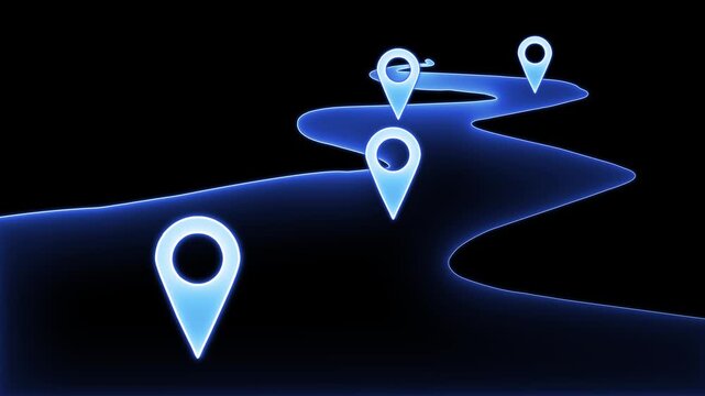 Abstract digital winding road with glowing location pin markers symbolizing travel journey