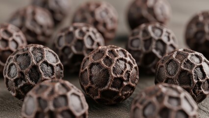 Close up of dark brown textured spheres