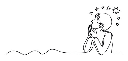 Minimalist continuous line drawing depicting a thoughtful person looking up at floating stars, perfect for inspiring graphics, personal growth content, or peaceful abstract marketing