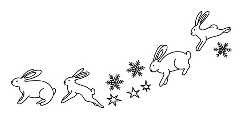 Playful black outline rabbits in various dynamic jumping poses, surrounded by stylized snowflakes and stars, perfect for cheerful winter holiday promotions and festive season greetings.