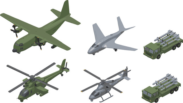 Isometric military aircraft vehicles illustration set, transport plane drone helicopters missile launchers, modern army defense technology
