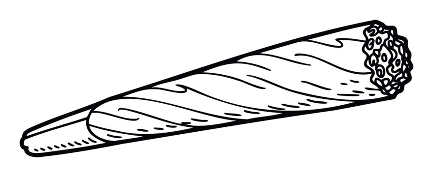 Bold graphic outline drawing of a hand rolled cannabis blunt or cigar, useful for product labels, packaging, or casual lifestyle blog content.