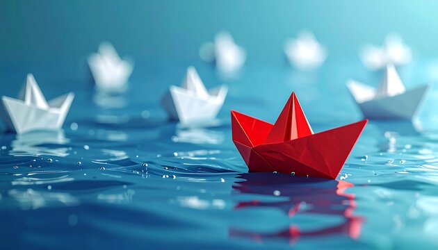 A red paper boat leads a fleet of white ones across tranquil water