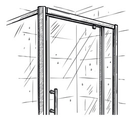 Hand drawn sketch of a modern glass shower cabin with sleek handle, perfect for illustrating bathroom renovation ideas, plumbing service advertisements, or interior design concepts.