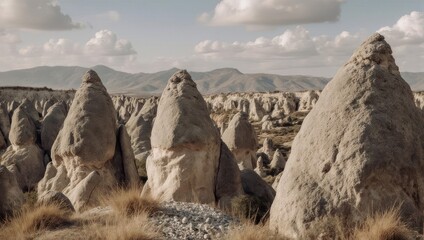 Unique Rock Formations in Cappadocia, Turkey, Under Cloudy Sky.