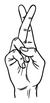 Outline sketch depicting a human hand making the gesture of crossing fingers, perfect for conveying hope, superstition, or a secret fib in various media.