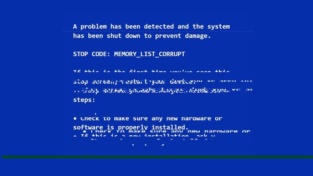 Critical operating system failure leading to a forced shutdown, displaying an unexpected system error message indicating memory corruption and a fatal software issue